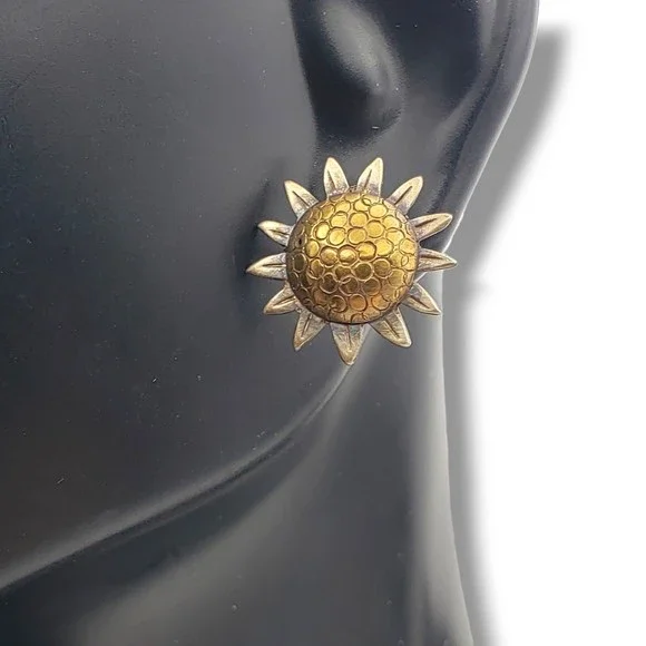 Vintage Jabor Sunflower Stud Earrings Pewter Brass Post Pierced - Picture 2 of 11